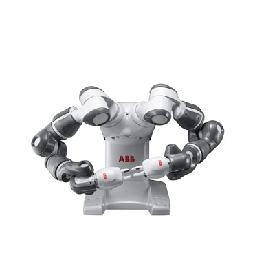 YuMi kollaborativer Roboter Zweiarm-Roboter von ABB in grau auf einem weißen Hintergrund